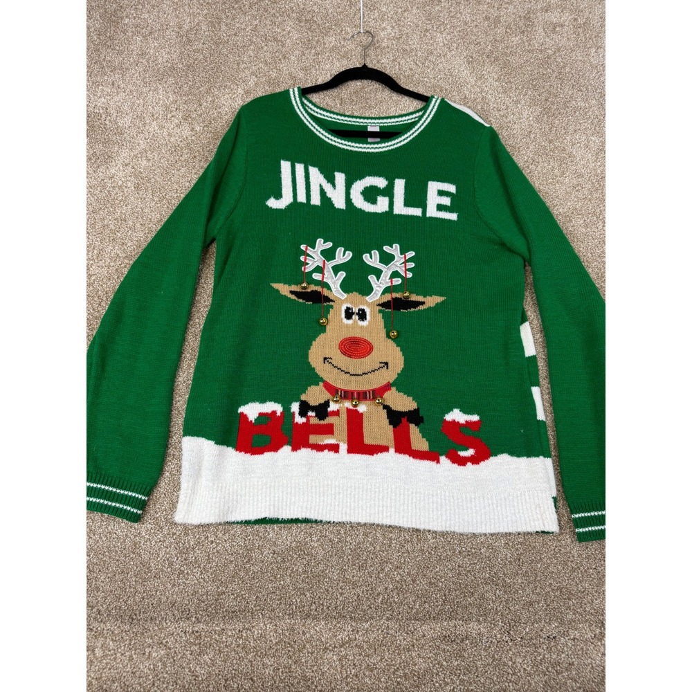 Ugly Christmas Sweater No Boundaries Womens XXL Green Jingle Bells Reindeer 2XL